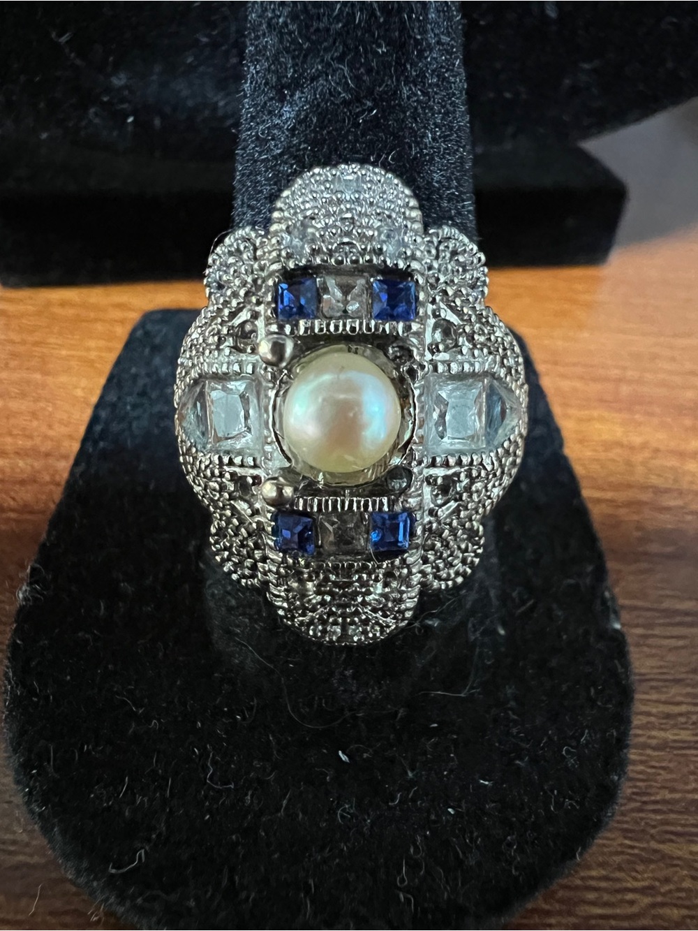 Vintage Marcasite Pearl and Sapphire-Tone Ornate Statement Ring